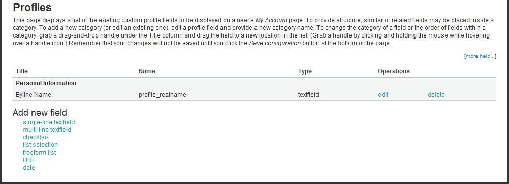 screenshot of profile module fields