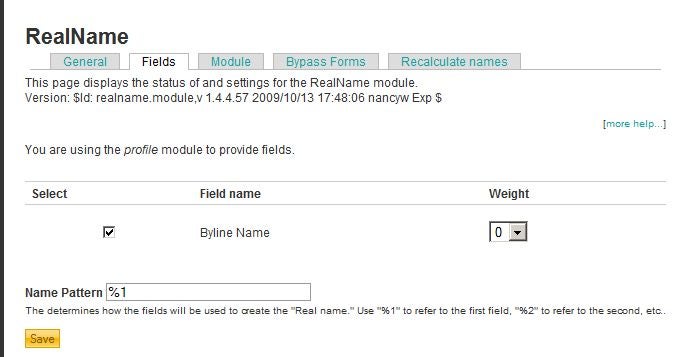 screenshot of RealName module fields option