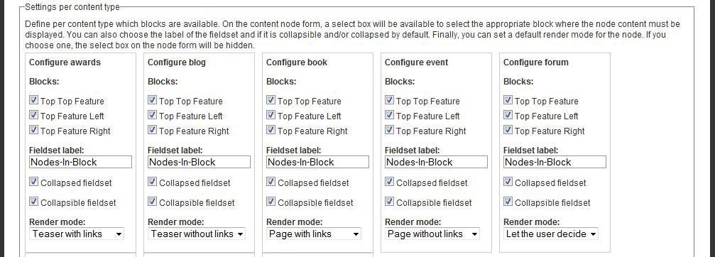 screenshot of content type/block configureations for Nodes In Block