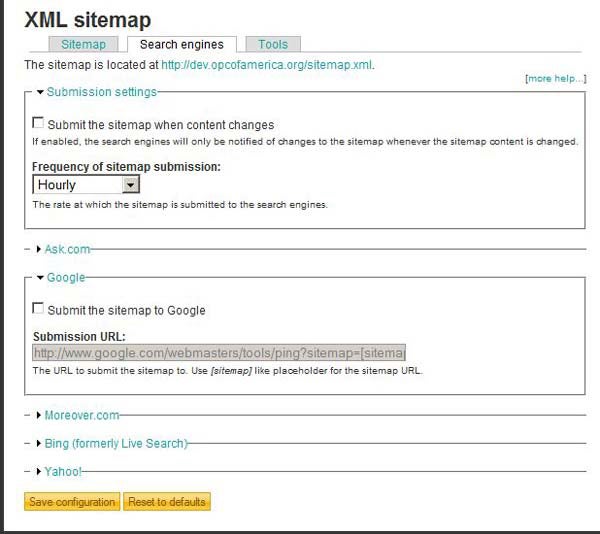 screenshot of XML Sitemap module configuration