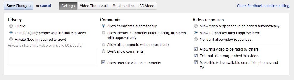 YouTube Video Settings