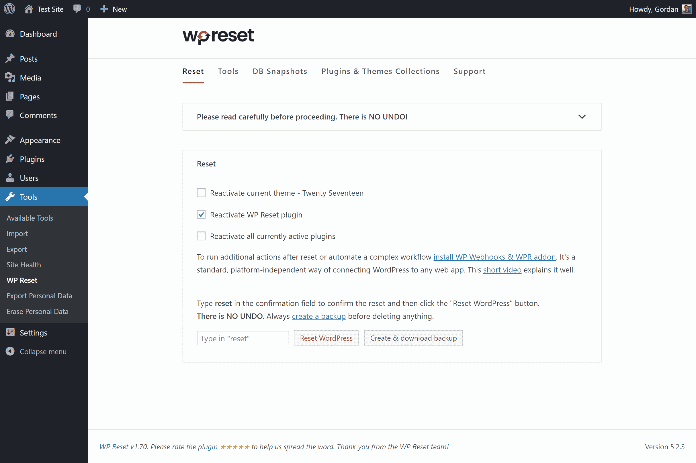 WP Reset plugin